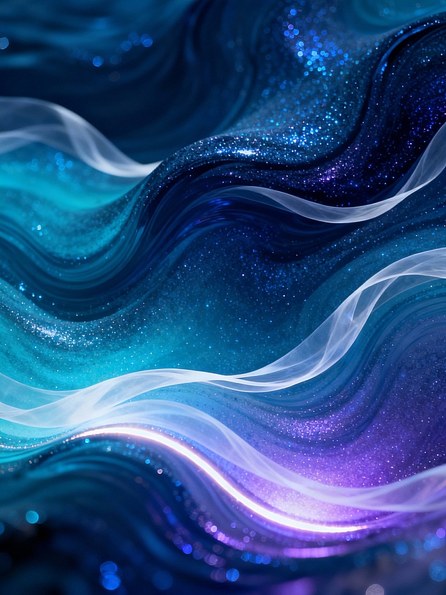 深邃神秘的蓝色系抽象流体艺术背景，以深蓝、靛蓝、湖蓝为主色调，色彩层次丰富且和谐过渡，呈现出流动感极强的液态漩涡与波浪形态，表面带有细腻的闪光颗粒质感，如同洒满星辰的深海暗流。光影运用柔和，光源从画面底部透出微弱的蓝紫色光晕，照亮部分流体边缘形成明亮的高光线条，阴影深邃而富有层次感，整体营造出宁静、神秘且梦幻的宇宙深海氛围。流体形态自然舒展，曲线优美流畅，局部带有白色半透明的丝带状纹理穿插其中，增强画面的动感与飘逸感，没有任何文字或logo元素，纯粹的抽象艺术视觉体验。