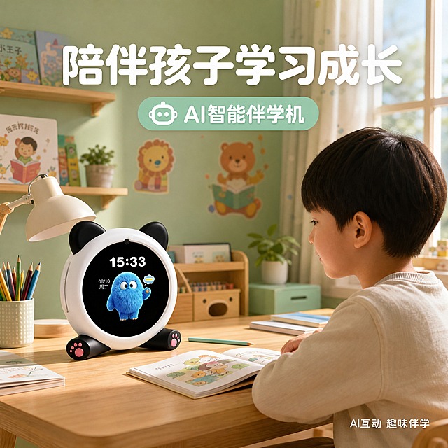 [主图-4] 主题：儿童书房真实使用场景，展示产品在实际环境中的使用状态。
[统一基调] 科技童趣风格，温馨儿童房场景，主标题白色粗体大字，辅助文字暖灰色，强调色为薄荷绿，圆角卡片与可爱图标，字体为圆润无衬线体，整体温馨有生活感。
[画面] 产品放置在儿童书桌左侧，正面微侧视角，占画面约35%。书桌为木质，上面有台灯、绘本、彩色铅笔等儿童学习用品。背景是温馨的儿童书房：墙面为淡绿色，有卡通贴纸装饰，旁边有小书架。产品屏幕点亮，显示蓝色小怪兽正在互动的状态。画面右侧有一个6-8岁中国儿童的侧影，正坐在书桌前看着伴学机，手部自然放在桌面上，体现互动使用场景。自然光从窗外照入，整体温暖明亮。
[光影质感] 真实生活场景摄影质感，自然光为主，从右侧窗户照入，产品与书桌上的物品有自然投影，墙面有柔和光影，整体氛围温馨舒适。
[配色] 场景主色调暖木色+淡绿色，产品保持原有配色，文字白色配薄荷绿强调，整体色彩丰富和谐。
[文字版式] 画面顶部主标题"陪伴孩子学习成长"白色粗体大字；右下角小字"AI互动 趣味伴学"白色小号。文字放在画面上方与右下角负空间，不遮挡产品与儿童。
[输出要求] 1:1正方形，2048x2048，文字清晰可读，产品清晰完整，人物自然不扭曲，无错字，无水印，无平台Logo。