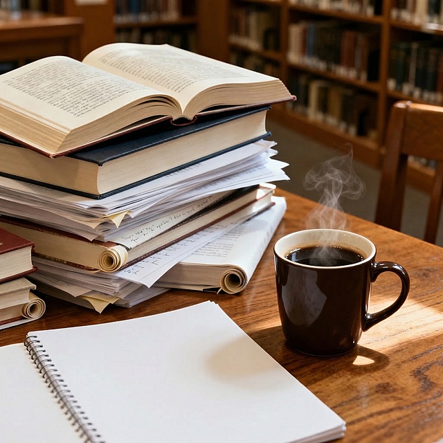 去掉图片中的所有文案文字，保留其他内容不变，学习场景，图书馆书房内，咖啡杯旁边堆放着大量书籍和笔记