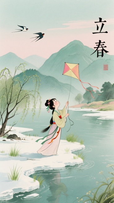 竖版中国风插画，主题是“立春”。画面主体是一位古装少女在河畔放纸鸢，冰雪初融，河岸边有嫩绿的草芽，柳枝抽出新绿。远处群山含黛，天空有燕子飞过。画面色调为嫩绿和淡粉，风格唯美清新，细节精致，光影柔和预览效果