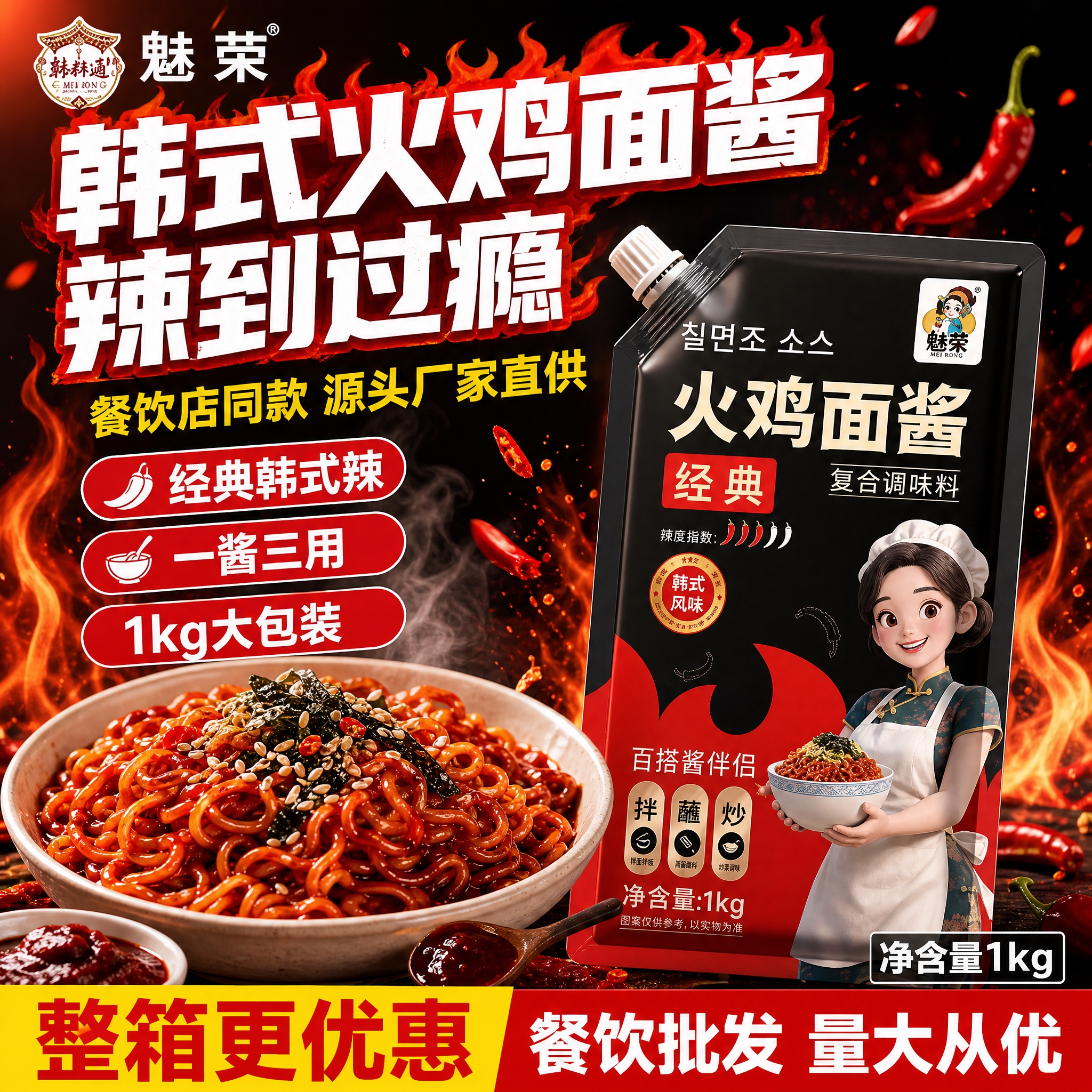 [主图1] 魅荣火鸡面酱爆款促销主图。本张使用【图1】作为商品… - 图片创意预览