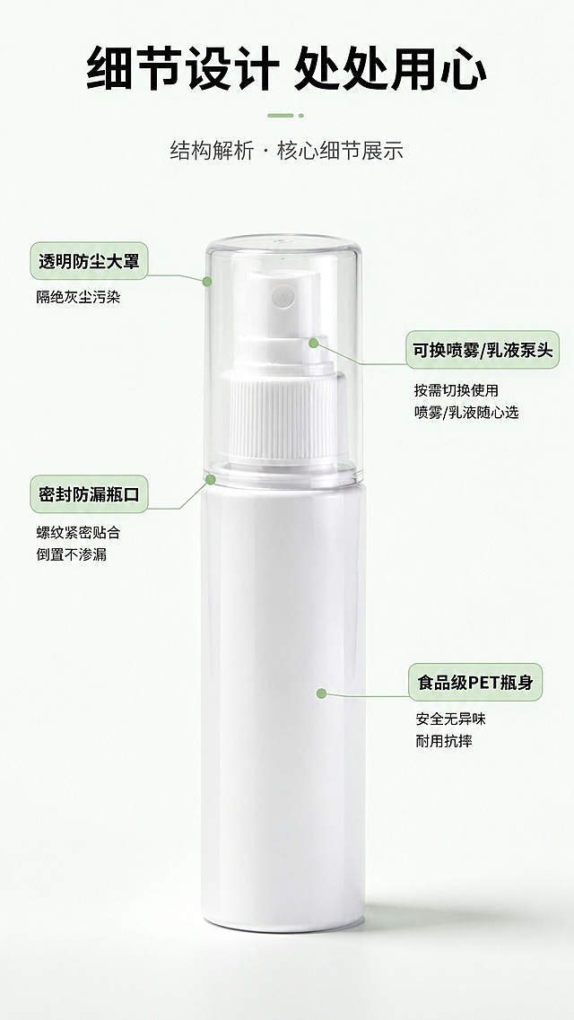 [第3屏] 结构解析-大罩喷雾乳液瓶核心结构细节展示。本屏使用【图1】作为产品主体。
[氛围/风格] 专业解析风，清晰细节展示，科技感商业摄影质感。
[元素布局] 产品居中放置，使用细引线引出核心部件进行标注，分别标注：透明防尘大罩、可换喷雾/乳液泵头、食品级PET瓶身、密封防漏瓶口；各部件结构、外观与产品图一致，产品占比约70%。
[光影质感] 正面侧光打光，突出瓶身曲面质感和泵头细节，阴影自然清晰，立体感强。
[配色色系] 全局底色 #f3f9f3，主色白色瓶身，辅助色淡绿色标注框，文字黑色清晰。
[视角构图] 正面微斜视角，主体居中，引线标注不遮挡核心部位，阅读动线清晰。
[文字版式] 顶部标题「细节设计 处处用心」，每个引线标注为「部件名称+用户收益」，如「透明防尘大罩 隔绝灰尘污染」，文字清晰，排版整洁。
[比例分辨率] 9:16 竖版比例，4K 分辨率，文字清晰可辨，高清画质。
[负向提示词] 结构变形，标注遮挡主体，文字错乱，颜色偏差，缺件错件。