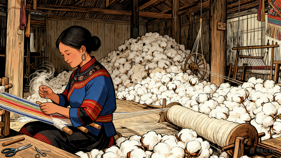 传统木棉坊内部场景，细致刻画木棉堆放、传统纺纱工具等细节，画面仅保留阿黎母亲一个人物，阿黎母亲使用提供的人物形象，正在将木棉纺成柔软的棉线，指尖翻飞动作灵动，线轴随着纺纱慢慢变得饱满，精细手绘风格预览效果