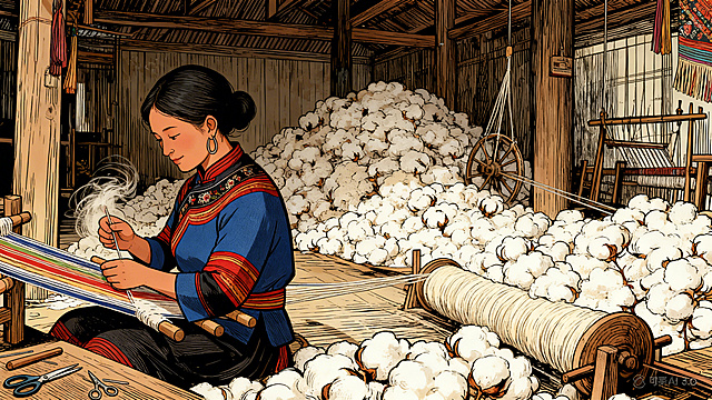 传统木棉坊内部场景，细致刻画木棉堆放、传统纺纱工具等细节，画面仅保留阿黎母亲一个人物，阿黎母亲使用提供的人物形象，正在将木棉纺成柔软的棉线，指尖翻飞动作灵动，线轴随着纺纱慢慢变得饱满，精细手绘风格