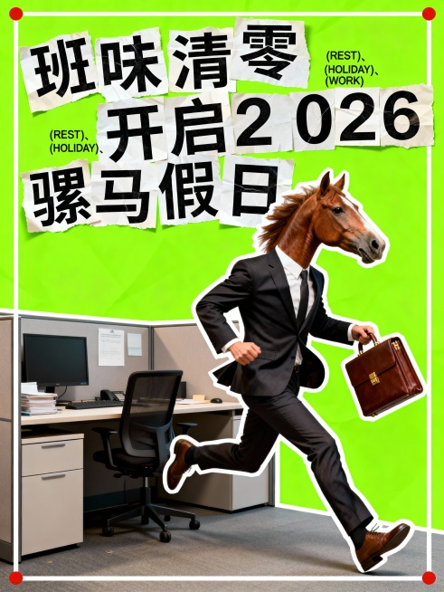主体是 “马头 + 西装” 的拼贴图案，夹着公文包从工位上逃跑。画面上方拼贴风文案 “班味清零 开启 2026 骡马假日”，每个字单独印在一张纸上，错落分布。文案旁标注“ (REST)、(HOLIDA预览效果