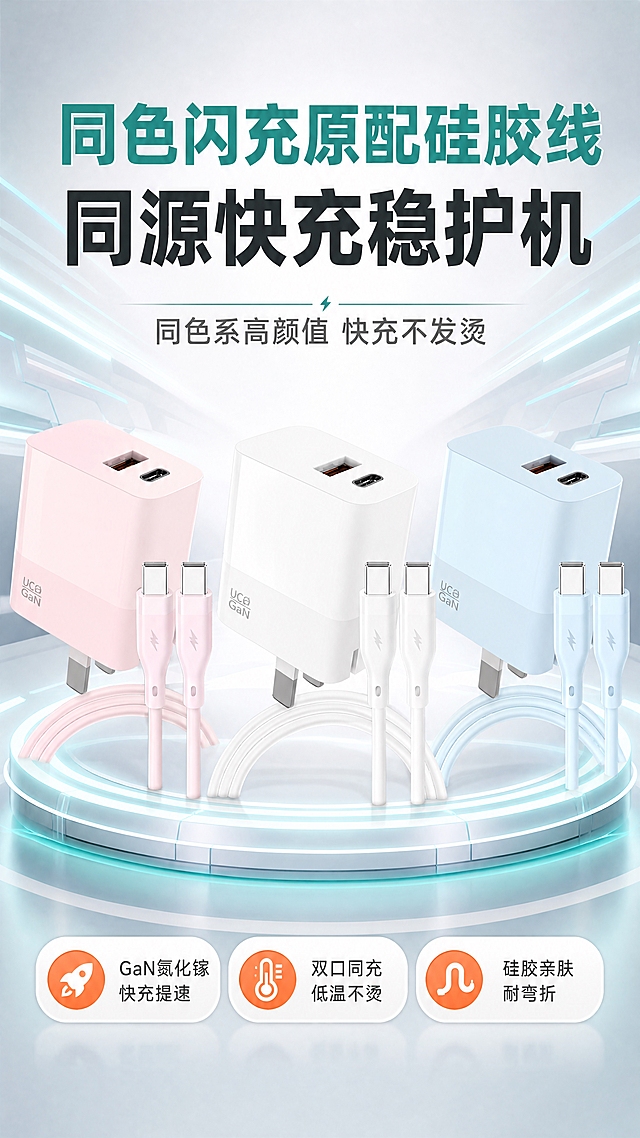 [商品] 使用【图1】中的GaN双口快充充电器+同色硅胶快充线全套产品；保留充电器双口（USB-A+Type-C）结构、折叠插脚、UC GaN标识、三色（白/粉/蓝）外观与硅胶线材质、闪电Logo；真实充电方向，不改变产品比例和结构。
[画面] 目标：第1张·硬核头图（产品矩阵型），展示三色套装全家福，突出同色闪充高颜值与快充实力。构图：竖版9:16，上半部分大标题区，中部三色产品横向矩阵排列（白色居中、粉色左、蓝色右），产品占画面60%，底部3个卖点胶囊。背景：渐变科技感背景，浅灰底+淡青色科技光效线条，产品下方有柔和投影和发光底座效果。阅读动线：从上到下，标题→产品矩阵→卖点标签。
[视觉] 套系策略：风格=拼多多高性价比科技风，大字报+高饱和撞色；标题字=粗黑无衬线大字，醒目有力；正文字=简洁无衬线体，移动端清晰可读；主色=青绿色（取自原图标题色）；背景延展=浅灰白渐变底+青绿色科技光效/线条/光晕做层次；强调色=珊瑚橙，仅用于小面积标签、价格标、高亮卖点；标题色=深炭灰+青绿色主标题；正文色=中灰；组件=圆角胶囊标签、细线引线、发光底台；光影=正面柔光+底部轮廓光，产品立体感强。
[文字] 顶部主标题两行大字：第一行青绿色"同色闪充原配硅胶线"，第二行深灰"同源快充稳护机"；副标题小字"同色系高颜值 快充不发烫"；底部3个圆角胶囊卖点：「GaN氮化镓 快充提速」「双口同充 低温不烫」「硅胶亲肤 耐弯折」。文字全部横排，不遮挡产品主体接口和Logo。
[规格] 拼多多平台，单屏9:16竖版，分辨率4K，负向提示：避免变形、错字、文字过小、产品颜色改变、结构失真、连续同构、白底孤立、极限词。