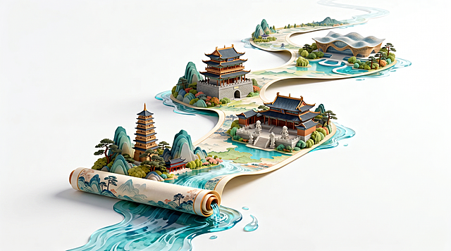 参考图片创意纸雕国风风格，生成一幅按时间先后顺序排列，涵盖横跨盛唐、宋代明代和近现代各个时期云南昆明代表性建筑的高清图片，采用卷轴山水的创意形式，流淌出蓝色的水体，整体清新雅致立体层次感强