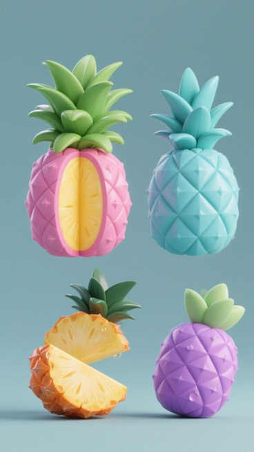 4个不同造型的3D菠萝系列素材集合，包含完整带绿叶菠萝、切开一半露出黄色果肉菠萝、菠萝切片、带水滴的菠萝块，每个菠萝造型具有光滑的3D塑料质感，色彩分别为亮粉色菠萝配绿色叶子、淡蓝色菠萝配青色叶子、橙色菠萝配深绿色叶子、紫色菠萝配浅绿色叶子，所有菠萝规整排布在纯色背景上，每个菠萝造型细节清晰，光影效果柔和，整体呈现出统一的3D设计风格和清新的视觉效果。预览效果