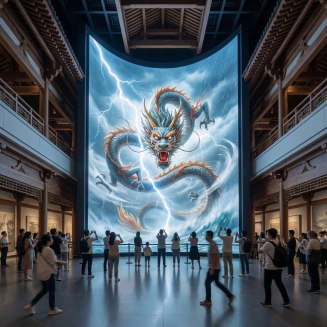 中国科技馆风格，中国传统龙族巨幕体感互动科技展项模拟呼风唤雨天气，不出现文字，照片级渲染，远景正对屏幕，超清晰，高分辨率预览效果