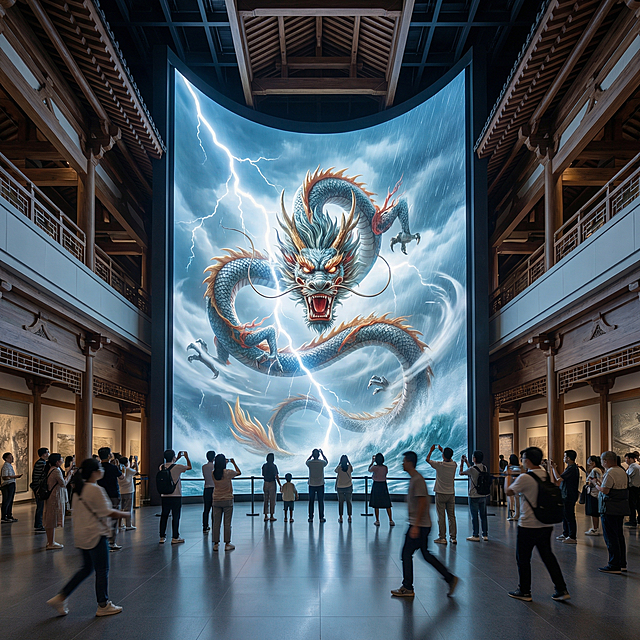 中国科技馆风格，中国传统龙族巨幕体感互动科技展项模拟呼风唤雨天气，不出现文字，照片级渲染，远景正对屏幕，超清晰，高分辨率