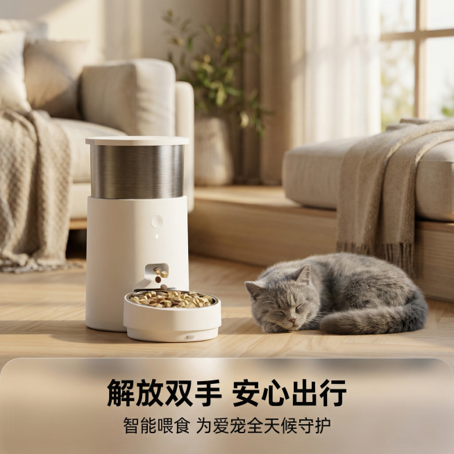 [主图 7] 家居场景全家福展示图
[氛围风格] 温馨舒适家居治愈风
[画面元素] 商业摄影质感、光线柔和通透、产品清晰真实、画面干净高级。保留原产品外观，将喂食器放置在现代客厅的木地板角落，旁边有一预览效果