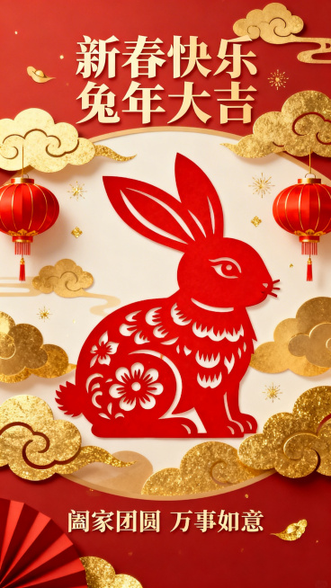 春节主题海报，画面中央是红色剪纸风格的大兔子，背景是金色祥云和红色灯笼，顶部写着"新春快乐 兔年大吉"，底部是"阖家团圆 万事如意"，整体氛围喜庆热闹，充满传统年味预览效果