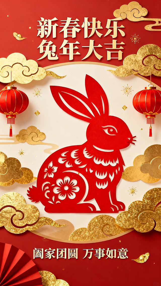 春节主题海报，画面中央是红色剪纸风格的大兔子，背景是金色祥云和红色灯笼，顶部写着"新春快乐 兔年大吉"，底部是"阖家团圆 万事如意"，整体氛围喜庆热闹，充满传统年味