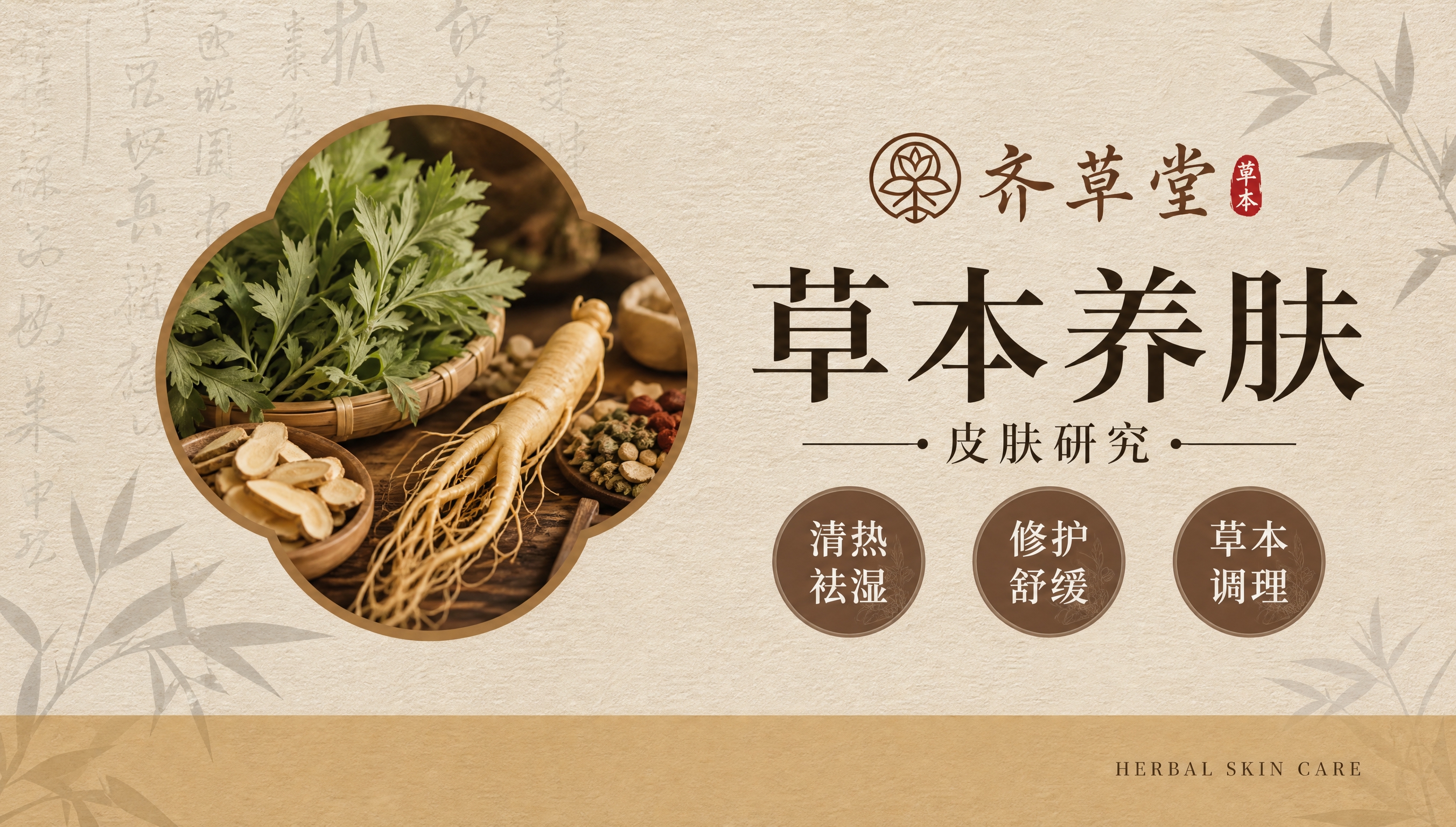 参考图的版式骨架和新中式国风风格，将品牌替换为齐草堂，主题替换… - 图片创意预览