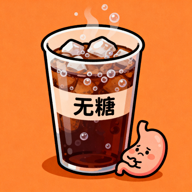可爱卡通风格，一杯冒着气泡的无糖饮料，杯子上明确标注着"无糖"字样，旁边有一个肚子饿的小胃形象，胃的表情委屈地捂着肚子，背景暖橙色，线条圆润，软萌画风，适合科普海报预览效果