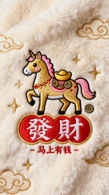 一幅以发财为主题的毛绒质感刺绣壁纸，整体采用米白色毛绒布料为背景，主体是一只色彩鲜艳的卡通风格金色骏马，并点缀金、粉色渐变装饰，马的背上绣有元宝、铜钱等元素。下方是红色的“發財”二字，采用圆润可爱的字预览效果