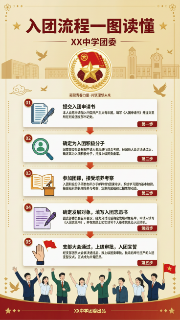 一张竖版信息图海报，比例为9:16，平面扁平化校园插画风格。主色调为中国红和暖金色，背景是从浅米黄到白色的柔和渐变，有淡淡的书本、飞鸟和校园建筑剪影作为底纹。
顶部居中放置大字标题“入团流程一图读懂”预览效果