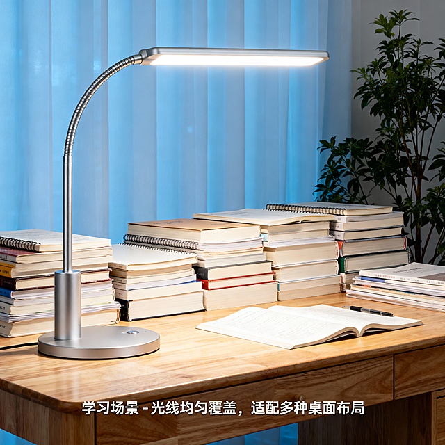 （一）主视觉概念图生成
1.  AIGC提示词设计：结合概念设计方案，明确产品核心形态、风格基调、光影效果、背景氛围要求

2.  输出成果：精选1张最优主视觉概念图，标注核心设计亮点（如可调节灯臂、智能感应区域等）

（二）设计效果延展

1.  场景延展呈现：

- 学习场景：学生书桌环境下的产品摆放与使用状态，突出光线均匀性与桌面适配性

- 办公场景：设计师工作台/普通办公桌面场景，展示产品与电脑、文件等办公用品的搭配效果，强调专业照明特性

- 居家场景：床头阅读角等休闲场景，体现产品便携性与氛围营造能力

2.  照明模式延展呈现：

- 阅读模式：光线亮度/色温参数可视化，突出护眼清晰度

- 绘图/创作模式：强调光线色彩还原度与均匀覆盖范围

- 放松模式：暖光氛围呈现，突出舒适感与视觉柔和度

3.  输出成果：每个延展方向精选1-2张优质图片，标注场景/模式名称及核心设计优势