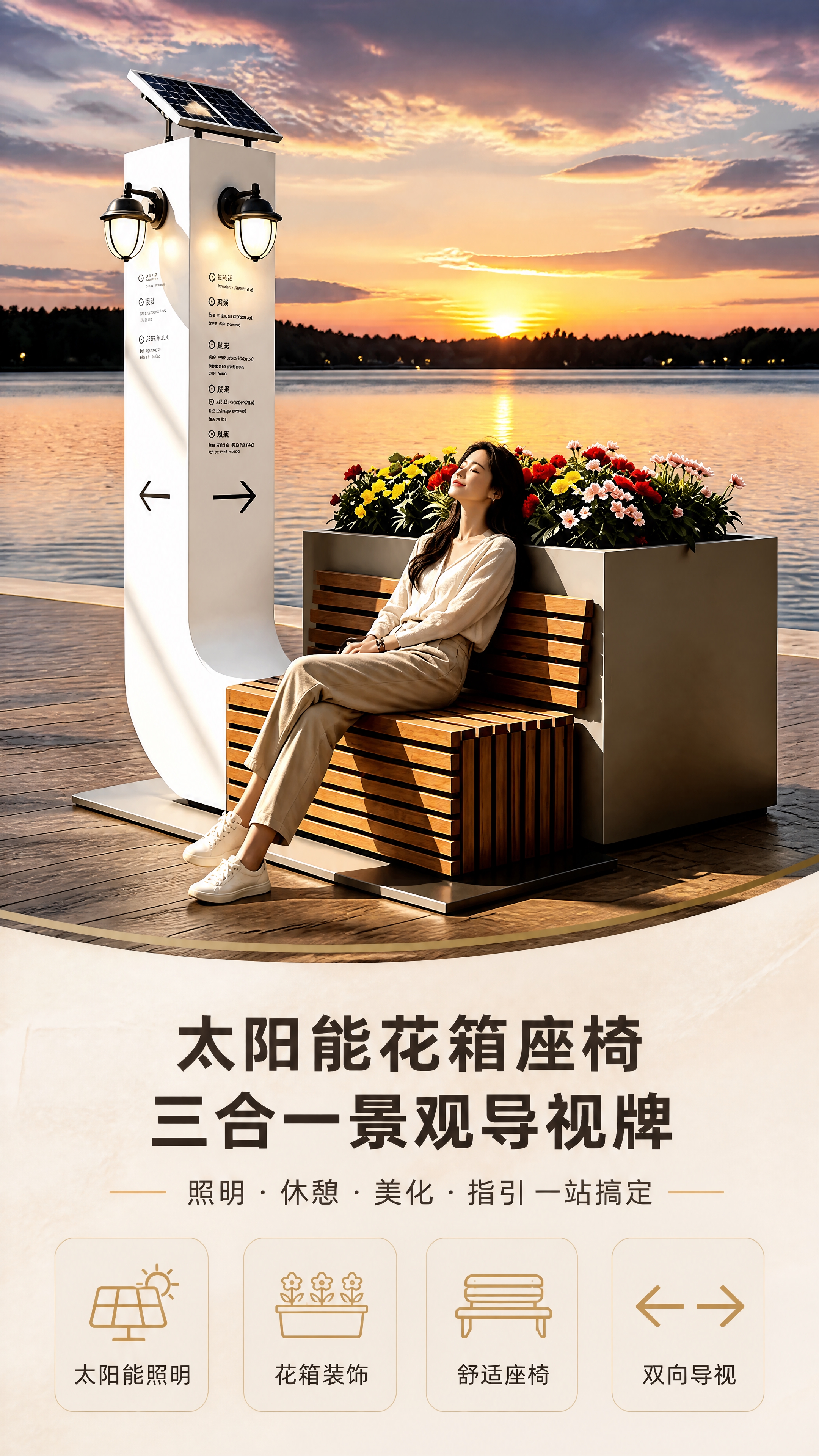 [商品] 使用【图1】太阳能花箱座椅导视牌；保留白色立柱+顶部… - 图片创意预览