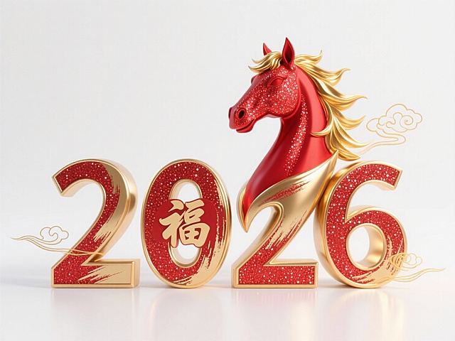 “2026” 立体艺术字，连贯的装饰性字体：首个数字 “2” 融合为红色马首，数字 “0” 内部嵌入 “福” 字，纯白色平面背景中，红色闪粉与金色金属的材质；金色用于马首鬃毛、字边缘带有金色立体描边，数字表面叠加毛笔笔触纹理，周围点缀细线金色祥云装饰