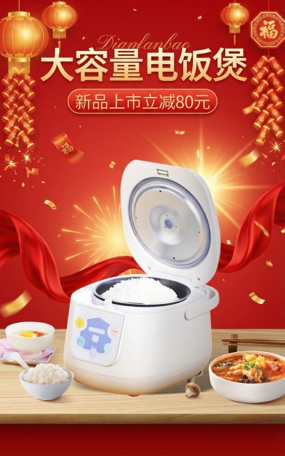 基于原图内容重新设计电饭煲海报，以红色为主色调，保留"大容量电饭煲"、"新品上市立减80元"的文案，画面保留电饭煲、盛好的米饭、汤品、桌面场景元素，整体为喜庆热闹的电商促销风格，质感高清精美预览效果