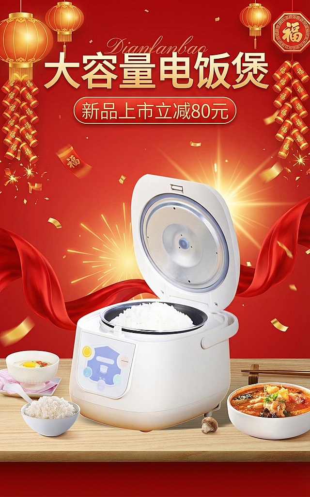 基于原图内容重新设计电饭煲海报，以红色为主色调，保留"大容量电饭煲"、"新品上市立减80元"的文案，画面保留电饭煲、盛好的米饭、汤品、桌面场景元素，整体为喜庆热闹的电商促销风格，质感高清精美