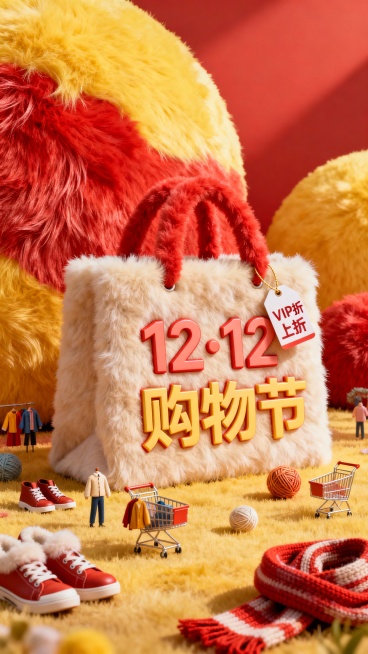 主视觉为一个大型购物袋，购物袋上展示3D文字 “12·12 购物节”。购物袋上挂着小字标签“VIP折上折”，背景为高饱和红黄配色，微缩元素（鞋子、衣服、购物车、围巾、毛线球）装饰。保持原图不变只改一下预览效果