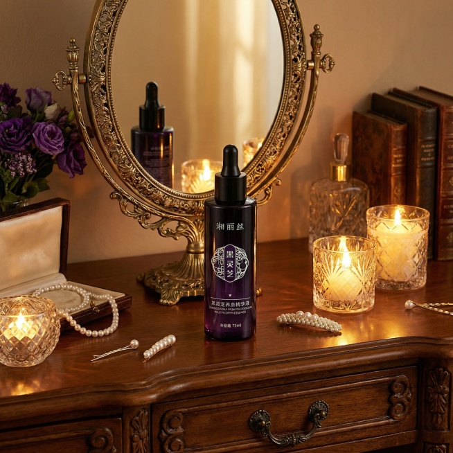 请将这瓶黑灵芝养发精华液生成7张不同场景的电商图片，均突出展示产品预览效果