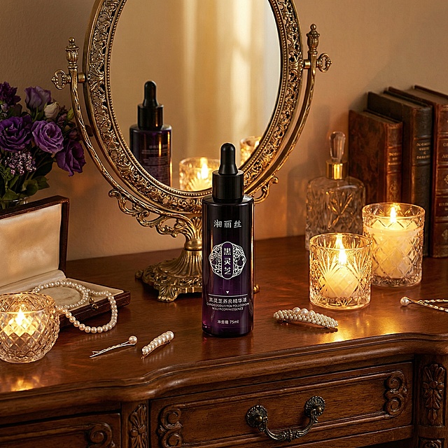 请将这瓶黑灵芝养发精华液生成7张不同场景的电商图片，均突出展示产品