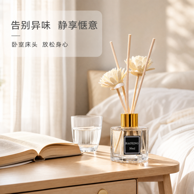 [第5屏] 卧室居家场景氛围感展示屏。
[氛围/风格] 温馨治愈家居风，柔和自然光，松弛舒适氛围感，实景摄影质感。
[元素布局] 香薰产品放置在卧室浅原木色床头柜上，旁边搭配一杯清水和一本打开的书，背预览效果