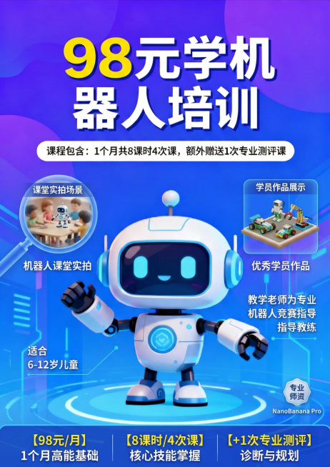 丰富机器人培训招生宣传页正面，添加机器人课堂实拍场景小插图、学员作品展示小板块，补充课程适合6-12岁儿童、教学老师为专业机器人竞赛指导教练的信息，保持原98元1个月8课时4次课加赠1次测评课的核心信预览效果