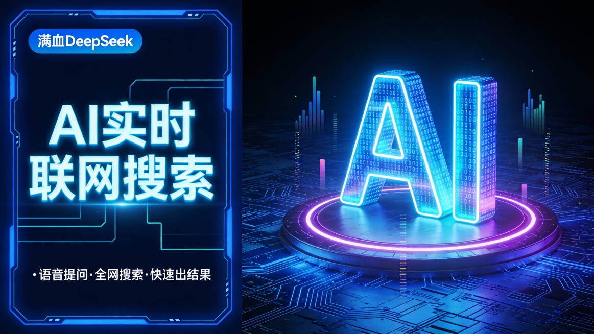 这是一张充满未来科技感的AI产品宣传图，采用左文右图构图。左侧顶部是蓝色科技边框的“满血DeepSeek”标签，下方是巨大发光的浅蓝立体字“AI实时联网搜索”，再配以“语音提问·全网搜索·快速出结果”预览效果