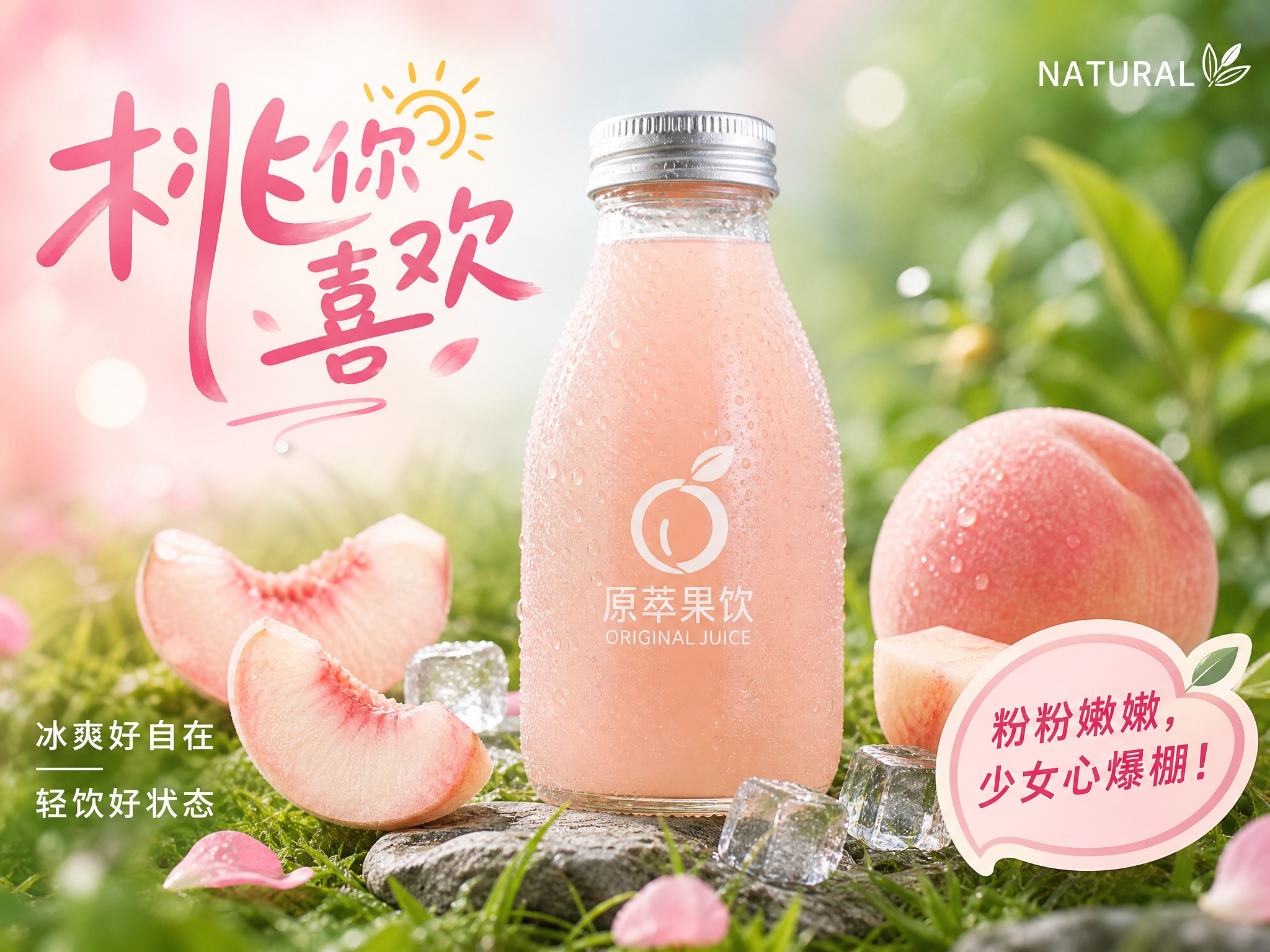 水蜜桃多多鲜榨果汁广告海报，4:3横版比例。画面中央是一瓶透明… - 图片创意预览