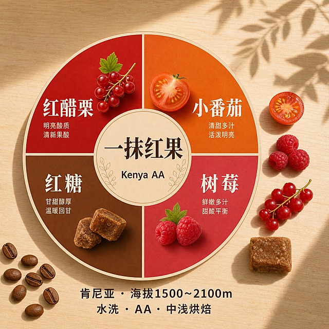 [主图-2] 大风味轮图，一图讲清风味+产地，让客户扫一眼读懂风味是什么、豆子来自哪、什么烘焙度。
[统一基调] 浅米色原木桌面背景，右侧有清晰植物叶影，均匀柔和暖调自然光，画面干净高级，商业静物摄影质感，真实材质细节，低AI感。咖啡豆为阿拉比卡豆形：椭圆，中央裂缝呈S形弯曲，中浅烘浅棕褐色带细微银皮。点缀色使用红醋栗红/红糖棕作为辅色，呼应红果系风味。标题字使用思源宋体深咖色加粗，辅助文字使用思源黑体深咖色，字号层级分明，文字清晰工整无错字。
[画面] 一个占画面60%以上的大型咖啡风味轮，居中偏左。风味轮为圆形多层级结构：中心圆写"一抹红果"（思源宋体·深咖加粗），外圈写小字"Kenya AA"。外圈分成4个大扇区，分别为红醋栗红、番茄橙、树莓粉、红糖棕，每个扇区用超大字号写风味名："小番茄""树莓""红醋栗""红糖"（思源宋体·白色或深咖，字号大、清晰不倾斜）。每个扇区外侧配对应实物小图标：小番茄横切面、树莓、红醋栗串、红糖块。风味轮右下方配实物对照：一颗小番茄、几颗树莓、一小串红醋栗、一块红糖，实物摆放整齐与扇区位置一一对应，真实食材质感。风味轮正下方两行信息：第一行"肯尼亚 · 海拔1500~2100m"，第二行"水洗 · AA · 中浅烘焙"。画面角落可点缀几颗S形中线清晰的咖啡豆增加咖啡氛围。
[光影质感] 均匀柔和暖调自然光，风味轮图形清晰平整，实物食材有真实质感与自然阴影，原木桌面有自然纹理，整体商业静物摄影质感。
[配色] 主背景浅米色原木色，四个扇区分别使用红醋栗红、番茄橙、树莓粉、红糖棕四种颜色，文字深咖色或白色，整体暖调丰富和谐。
[文字版式] 风味轮中心"一抹红果"使用思源宋体深咖色加粗大号字体；外圈"Kenya AA"使用思源黑体深咖色小号字体；四个扇区风味名使用思源宋体超大字号，白色或深咖色确保清晰；下方两行产地烘焙信息使用思源黑体深咖色中号字体。所有文字清晰不倾斜，字号足够大，缩略图状态下可读。
[输出要求] 1:1正方形比例，文字清晰无错字无乱码，风味轮结构清晰，实物食材真实有质感。禁止变形、错字、模糊、杂乱、水印、平台Logo、二维码。