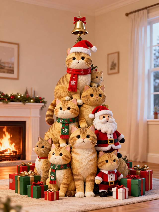 jellycat风格。全景构图。圣诞树由金渐层品种的猫组成。顶部是一个铃铛。每只猫各有差异，有的戴着圣诞风的围脖，有的戴着圣诞帽子，有的穿着圣诞礼服。周围摆着很多礼物盒子。背景是温馨的家里，壁炉烧着火。