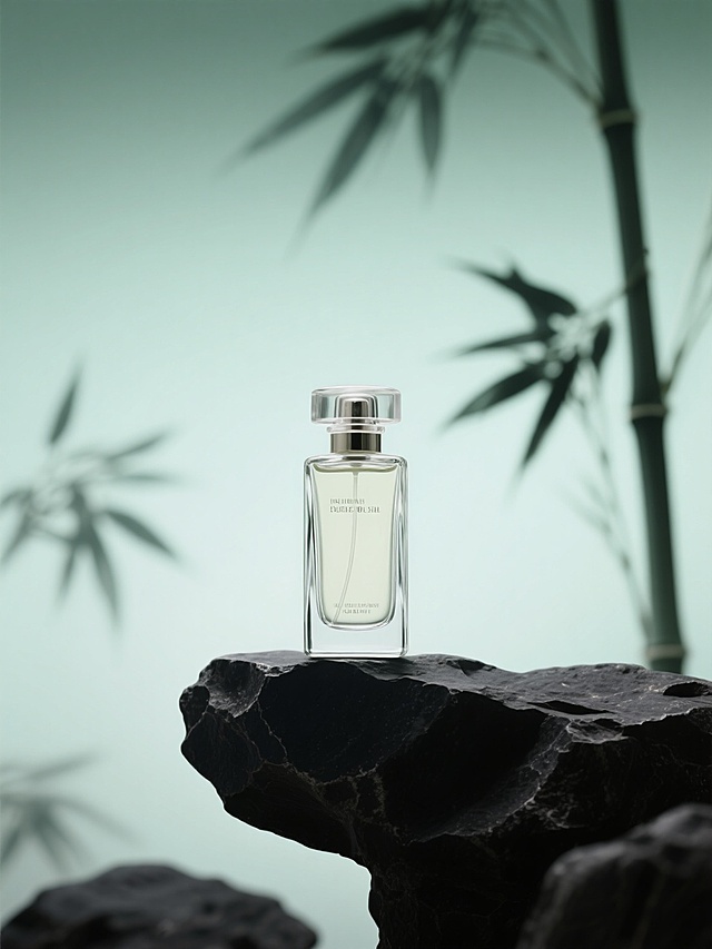 简约东方美学风格，通体透明香水瓶主体，置于黑色岩石台座，背景虚化融入水墨竹影、书法元素浅绿色渐变背景