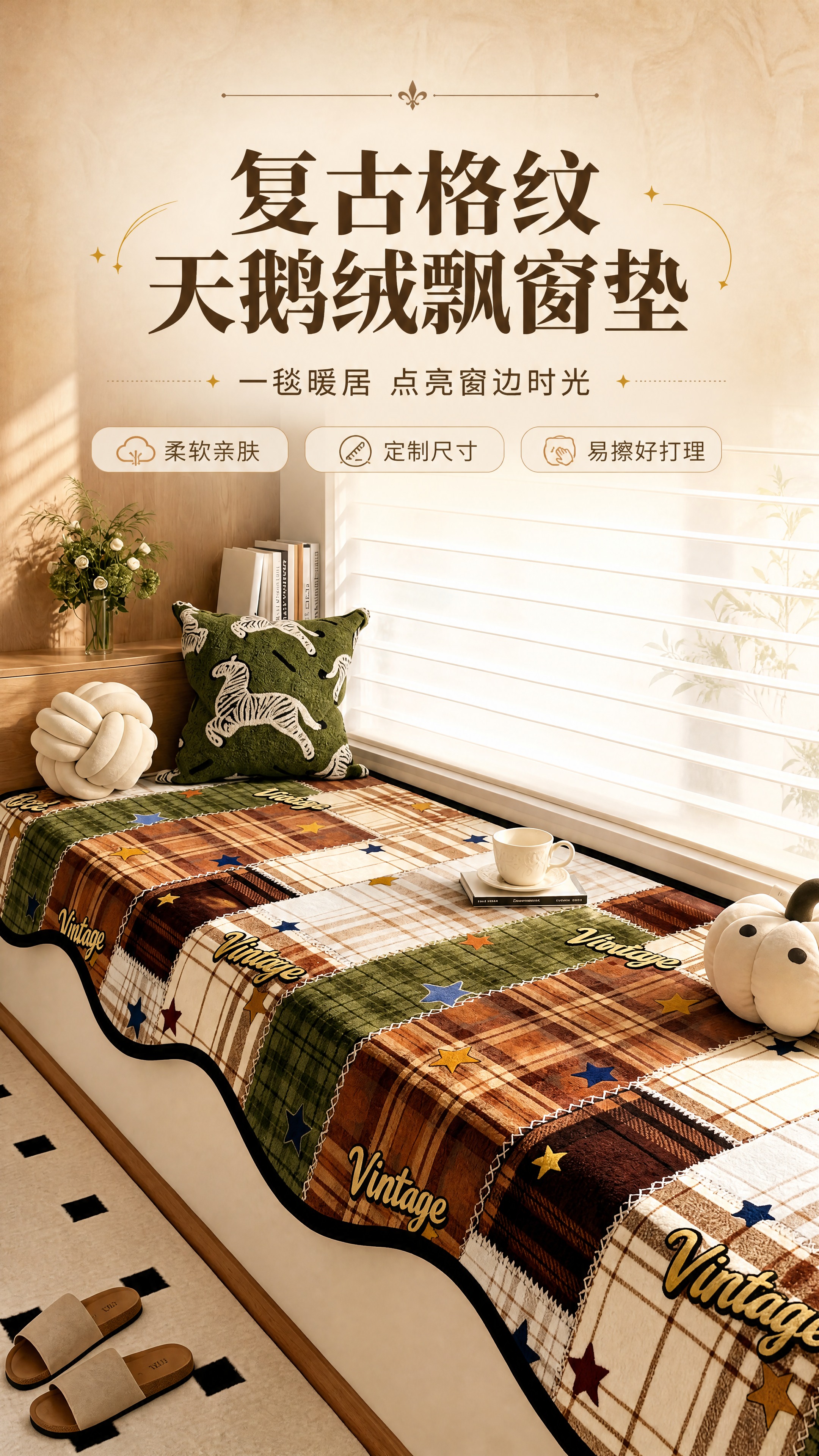 [商品] 使用【图1】复古拼色格纹天鹅绒飘窗垫；保留波浪异形边… - 图片创意预览