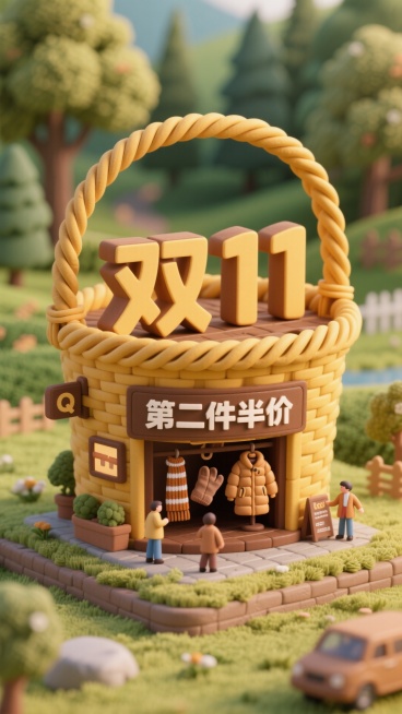 这张海报的主色调为棕黄色，背景是清新的森林与田园风光相融合。“双 11” 以自然的黄棕立体字体展示在海报中间，还有一个醒目的 “第二件半价” 棕色广告牌在篮子形状的建筑上。海报的主体是一座巨大篮子形状预览效果