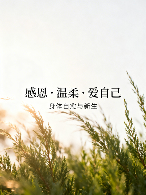 文艺清新治愈风格海报，大量留白，温柔柔和的光影，浅色系干净高级，画面中有微风拂动的绿植，温暖的阳光洒落，传递感恩、温柔、爱自己的情绪，象征身体自愈与新生，艺术摄影质感，适合朋友圈疗愈文案配图预览效果