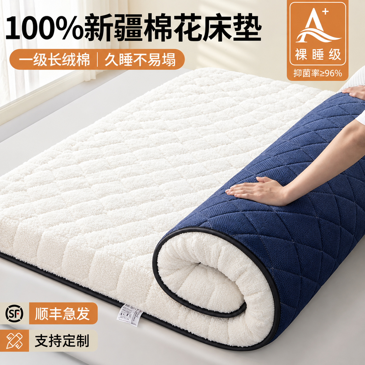 将图中的床垫严格替换为图1和图2中的深蓝色羊羔绒床垫：床垫顶面… - 图片创意预览