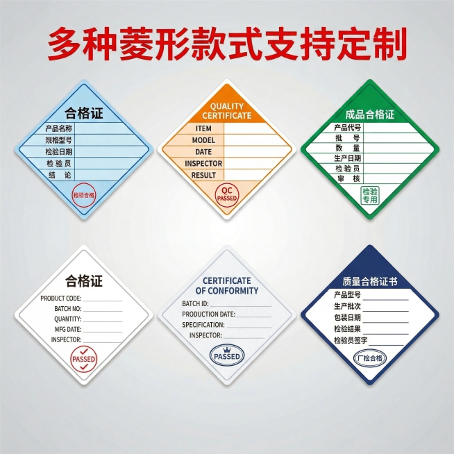 参考图格局生成菱形合格证款式合集主图，采用单排横向等距排列展示5款不同配色设计的菱形合格证模板，所有设计不重复参考图内容，每个模板完整展示空白填写区域和印鉴位置，背景浅灰色渐变，顶部添加红色加粗标题“预览效果
