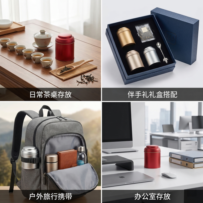 金属茶叶罐，展示三种使用场景的四宫格构图，分别为：日常茶桌存放、伴手礼礼盒搭配、户外旅行携带、办公室存放，四个场景自然融入产品，整体色调一致，风格统一，凸显小巧便携多场景适配，金属质感保持一致，每张场预览效果