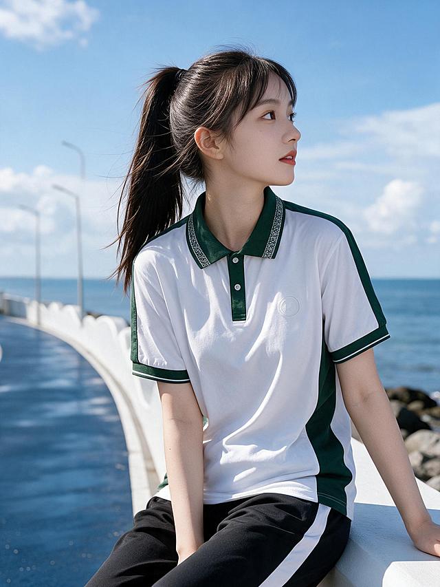 海滨骑行道半身照。少女模特保持参考图的面容（高马尾带刘海，明亮大眼，红润嘴唇）和服装（白色短袖polo领上衣：深绿翻领带白绿花纹织带、绿门襟白扣、肩袖绿拼白线条、两侧绿拼块、左胸小标，衣摆自然垂下；黑色直筒长裤裤腿外侧单条宽白竖条纹；白色小白鞋）不变。改为半身构图：模特倚坐在白色波浪矮墙上，身体保持朝向镜头，扭头侧脸望向右方，展现完美侧脸轮廓，头发被海风轻轻吹起，神情自然放松。背景：海边滨海骑行道，深蓝色步道带潮湿反光，白色波浪矮墙与海礁，高挑路灯杆，蓝天白云，海水平缓开阔，明亮自然日光，清爽通透海滨氛围，写实摄影，高画质，自然色彩