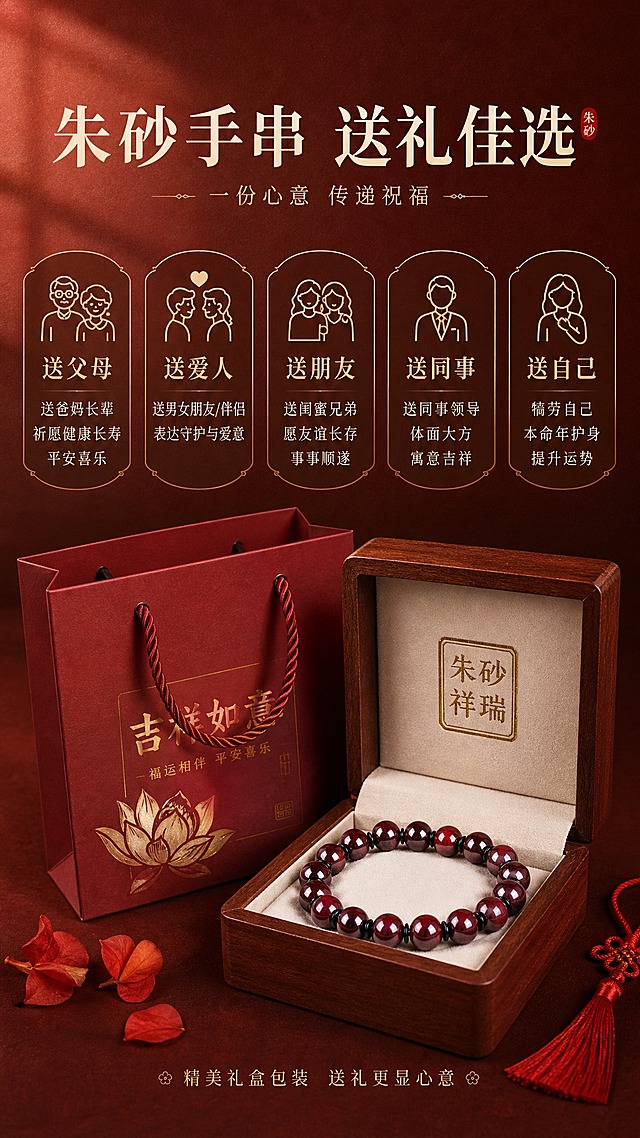 淘宝天猫详情页-送礼场景篇，9:16竖版，高级红棕渐变纸质感背景。标题'朱砂手串 送礼佳选'，配5种送礼场景图标：1.【送父母图标】送爸妈长辈，祈愿健康长寿，平安喜乐；2.【送爱人图标】送男女朋友/伴侣，表达守护与爱意；3.【送朋友图标】送闺蜜兄弟，愿友谊长存，事事顺遂；4.【送同事图标】送同事领导，体面大方，寓意吉祥；5.【送自己图标】犒劳自己，本命年护身，提升运势。配礼盒展示图，保持手串产品原貌不变。