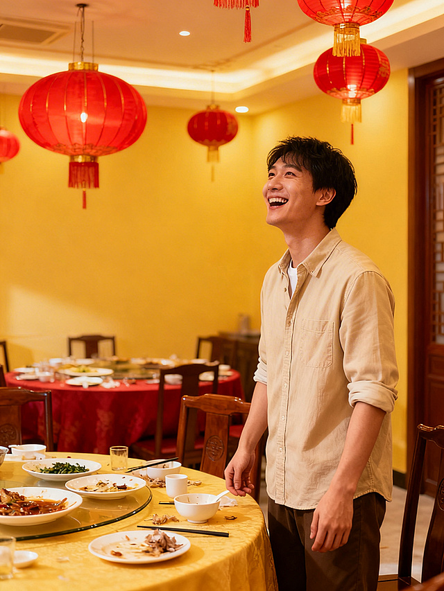 团圆饭后，餐桌收拾整洁，有人站在一旁，双手自然下垂，表情轻松愉悦，背景有红灯笼，远处餐桌上只剩少量菜肴和餐具，人物姿态舒展，整体氛围温馨舒适，色调明亮温暖