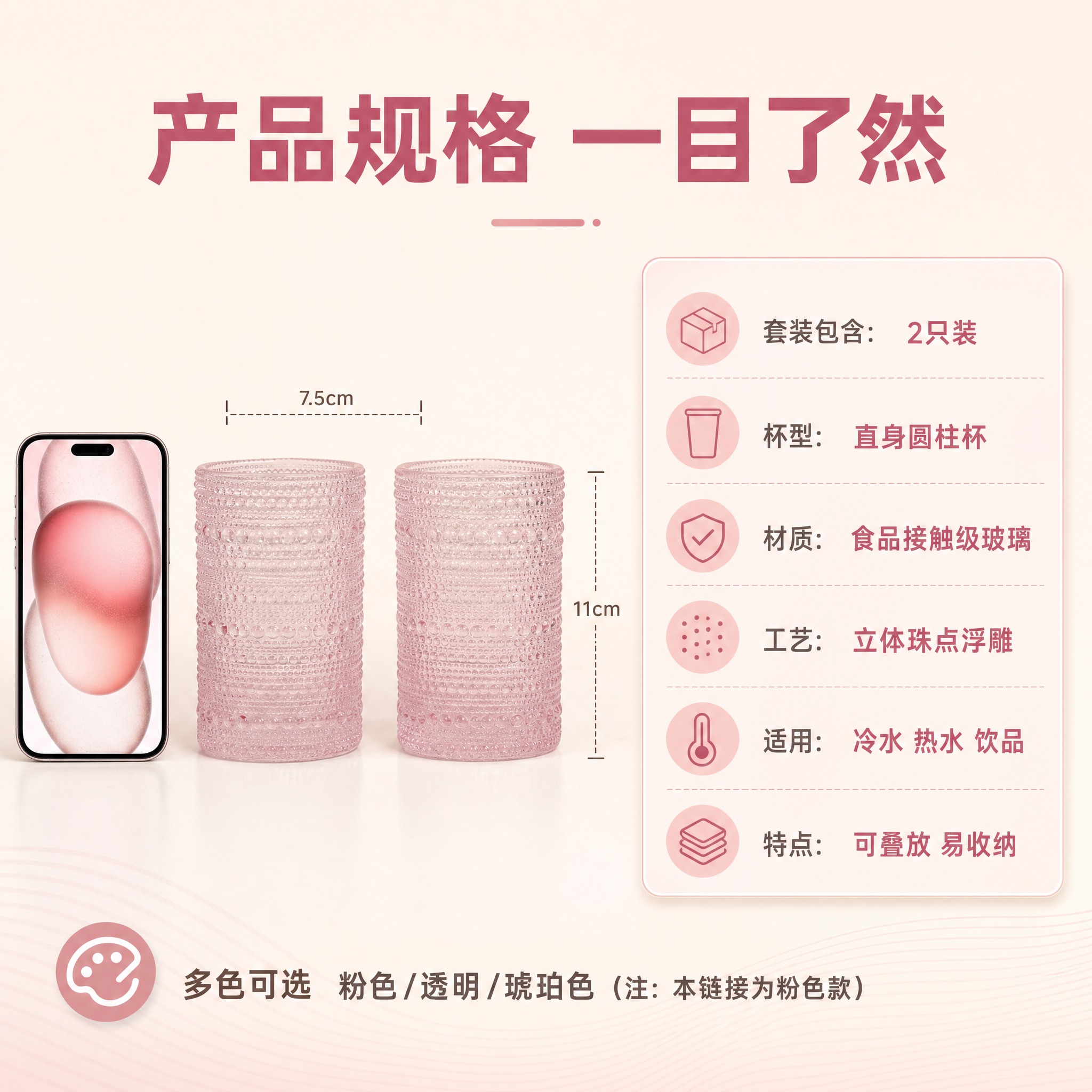 [主图-5] 规格决策图，展示粉色珠点玻璃杯套装规格和尺寸信息… - 图片创意预览