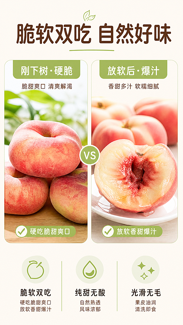 [第2屏] 核心卖点页-彩虹油蟠桃脆软双吃对比展示。本屏使用【图10】和【图1】作为产品参考。
[氛围/风格] 简约清晰卖点展示风，移动端清晰可读，信息层级分明。
[元素布局] 页面上下布局，上方左右分栏对比，左侧展示刚下树硬脆完整蟠桃，右侧展示放软后切开爆汁蟠桃，两张图各占约40%屏宽；下方三个卖点图标+短句横向排列。保留蟠桃自然色彩和扁平造型特征。
[光影质感] 整体均匀明亮光照，两张产品图均清晰锐利，阴影柔和。
[配色色系] 全局底色 #FFF8F0，主色深棕色文字，辅助色浅绿简约图标，保持与首屏统一风格。
[视角构图] 两张产品图均采用正面平视视角，对称对比构图，信息一目了然。
[文字版式] 顶部大标题「脆软双吃 自然好味」，左侧图标配短句「脆软双吃：硬吃脆甜爽口，放软香甜爆汁」，右侧图标配短句「纯甜无酸：自然熟透，风味浓郁」，下方图标配短句「光滑无毛：果皮油润，清洗即食」；文字字号放大，确保移动端清晰可读，字体与首屏保持一致纤细无衬线风格。
[比例分辨率] 9:16 竖版比例，4K分辨率，文字清晰可辨，高清画质。
[负向提示词] 产品变形，文字错乱，文字过小，对比构图失衡，颜色偏差，水印。