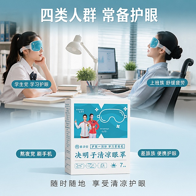 [主图-4] 适用场景与人群 决明子清凉眼罩多场景图
[氛围风格] 真实生活场景 痛点共鸣 抖音场景化 清新明亮
[画质] 商业摄影质感 超高清 场景真实自然 光线通透
[元素] 画面分上下两个场景区域 上半部分左侧是学生在书桌前学习 佩戴眼罩休息的场景 桌面有书本台灯 上半部分右侧是上班族在办公桌前 电脑旁佩戴眼罩放松的场景 下半部分中间放置紫善堂决明子清凉眼罩产品包装盒 产品外观与输入图完全一致 杜绝变形色差 产品占比约35% 背景是明亮的浅青蓝色渐变 两个场景之间有柔和过渡 画面满屏无边框 人物只展示侧脸和上半身 不展示完整面部细节 规避面部扭曲风险
[光影] 整体明亮自然光 模拟白天窗边光线 场景内光线柔和均匀 产品正面受光清晰 整体色调明亮清新
[配色] 主色调青蓝色+白色 辅助色暖木色 浅米色 自然绿色
[视角构图] 上下分栏构图 上半部分双场景 下半部分产品居中 平视角度 景深层次分明
[文字版式] 顶部大标题 "四类人群 常备护眼" 白色粗体大号字居中 两个场景旁分别标注 "学生党 学习护眼" "上班族 舒缓疲劳" 底部还有 "熬夜党 刷手机" "差旅族 便携护眼" 共四个场景标签 青蓝色圆角底白字 产品下方标注 "随时随地 享受清凉护眼" 深灰色中号字 文字不遮挡产品主体
[输出要求] 1:1比例 文字清晰可辨 超高清商业摄影质感
[负向提示词] 变形 文字错乱 产品模糊 背景杂乱 水印 电商平台Logo 多余手指 畸形手 面部扭曲