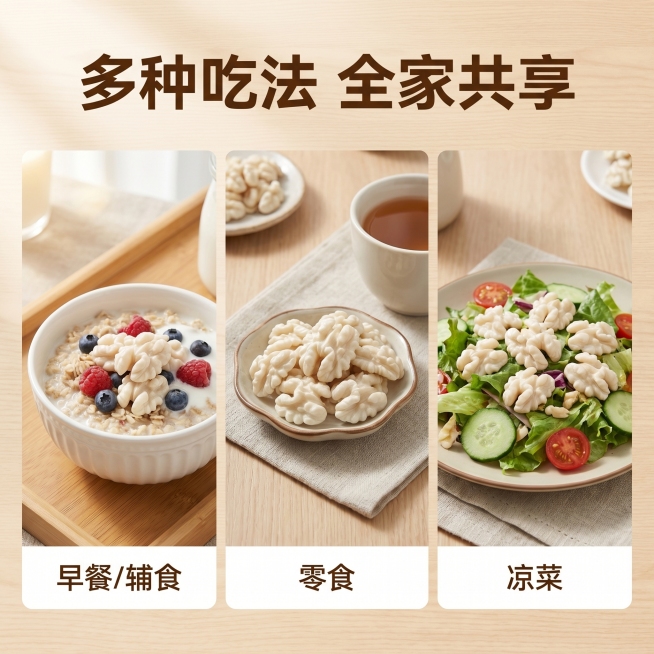 [主图 4] 多场景展示，丰富食用场景
[氛围风格] 生活化场景，自然温馨，唤起食欲
[画面元素] 商业摄影质感，光线柔和通透，产品清晰真实，画面干净高级。将脱衣鲜核桃仁分别摆放在早餐碗、零食碟、凉拌预览效果