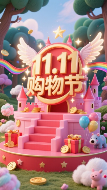 核心是“11月11日购物节” 的金色魔法字体（带星光特效），置于粉色糖果色的魔法城堡阶梯展台（红色与粉色结合，有糖霜质感）。背景是卡通童话森林、会飞的魔法礼盒（带翅膀）、彩虹彩带、闪着星光的金币、棉花预览效果
